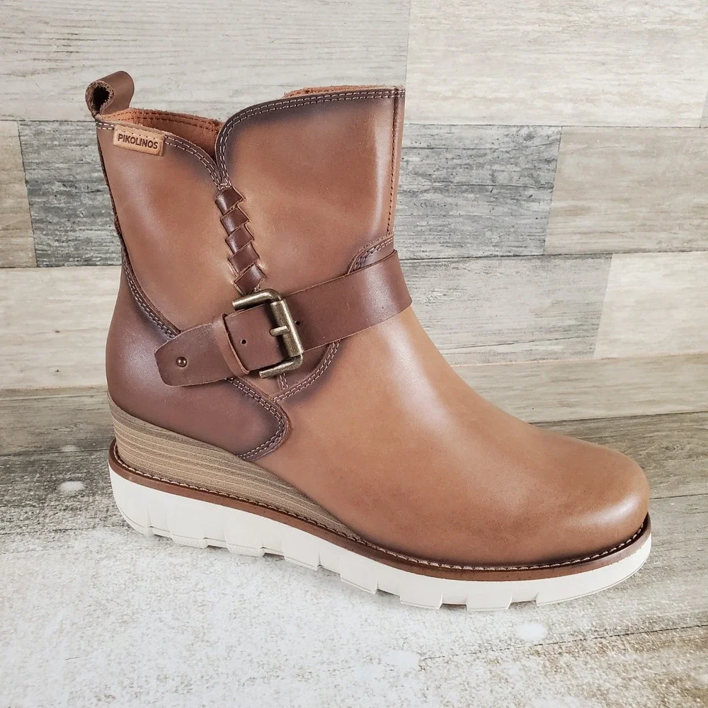 Pikolinos Sanlucar Womens Ankle Boots Sz 6.5 Brown Leather Side Zip Wedge Heel